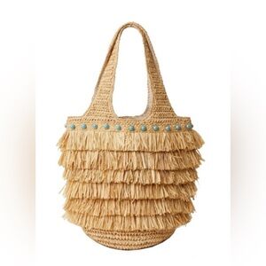 NWT BTB Los Angeles MOXI Fringe Straw Bag With Turquoise Accents